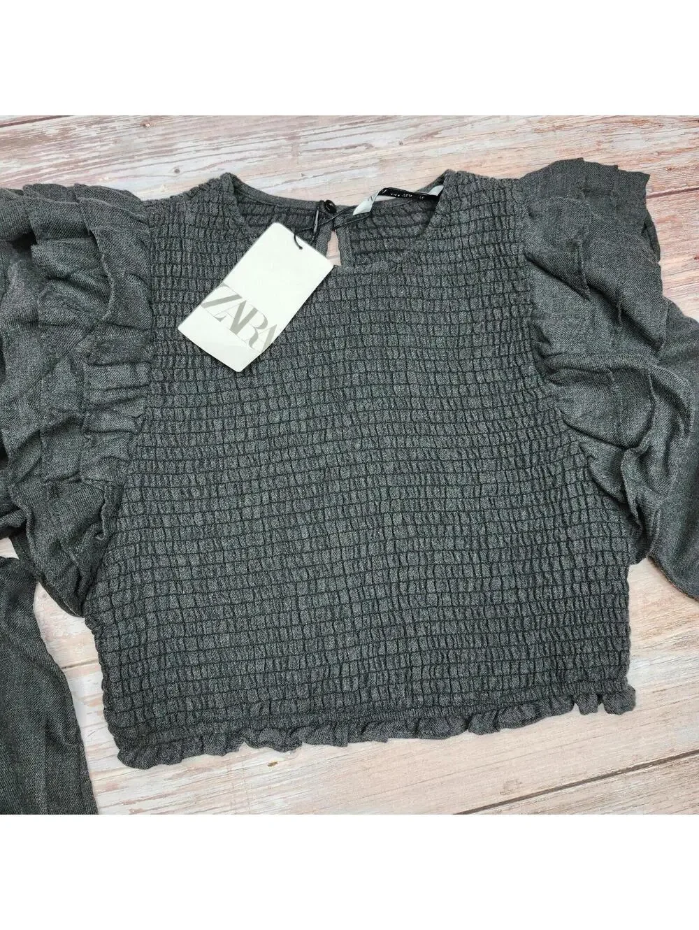 NEW Zara Smocked Ruffle Crop Top Gray Long Sleeve NWT Size Small